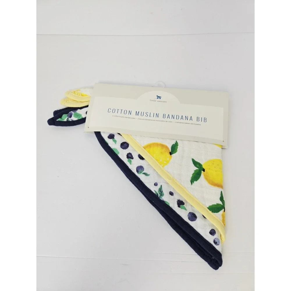 Little Unicorn Cotton Muslin‎ Bandana Bib Lemon Blueberry yellow blue NEW 2 pack